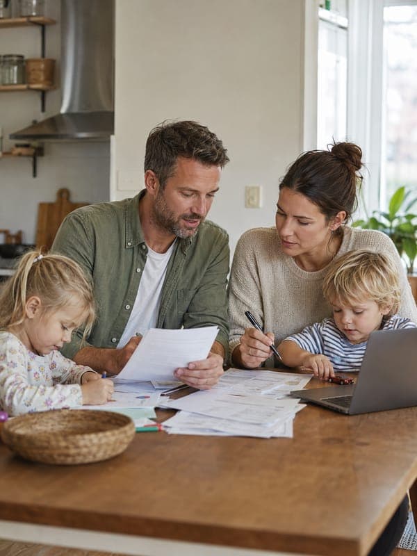 Two parents and their young children at a kitchen table, going through paperwork together.