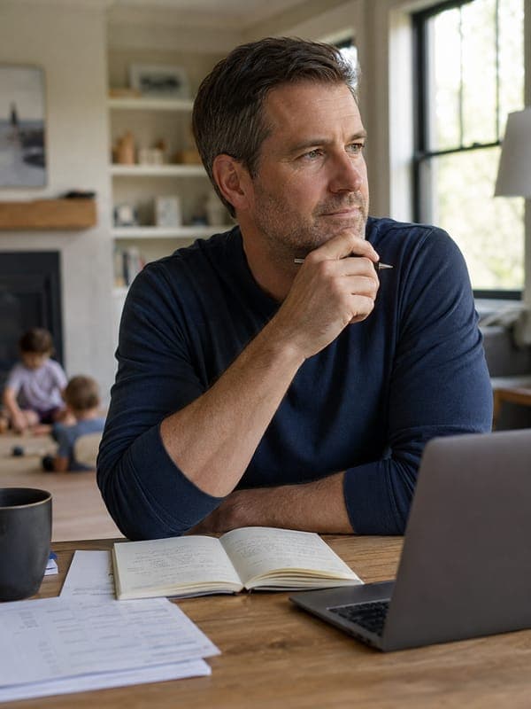 A man pausing to think at a desk, with a laptop, an open notebook and printed statements in front of him.
