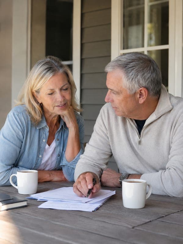 A couple in their sixties talking over paperwork at an outdoor table, with coffee between them.