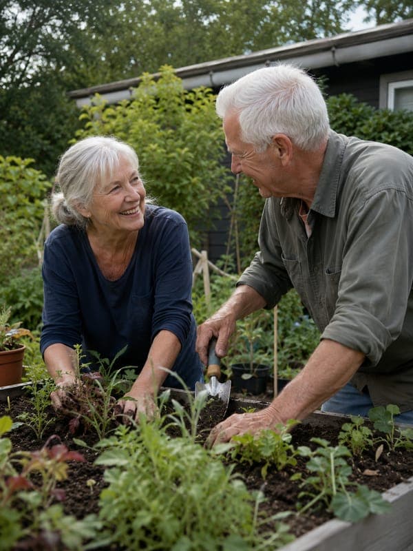 An older couple gardening together in a raised bed outside their home.