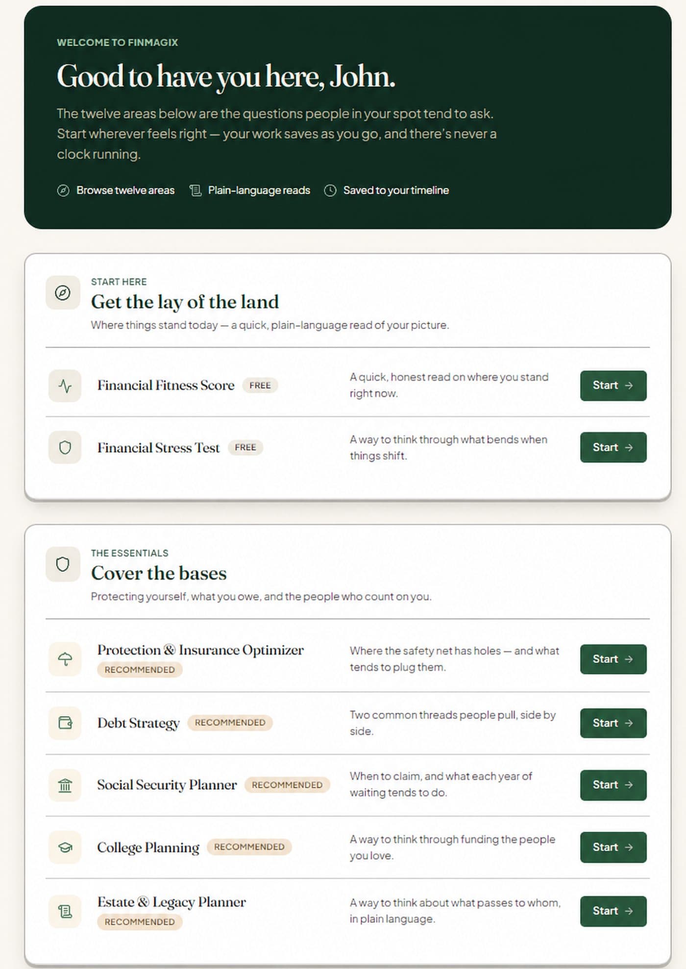 Finmagix welcome screen — 'Good to have you here, John' with a green banner, two starter modules in 'Get the lay of the land', and a 'Cover the bases' section listing Protection & Insurance, Debt Strategy, Social Security Planner, College Planning, and Estate & Legacy Planner.