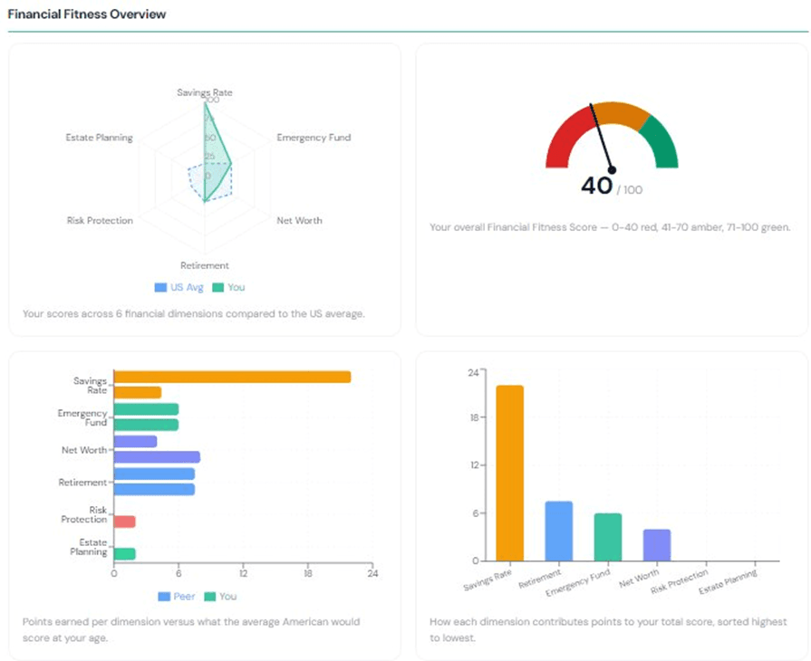 Financial Fitness Overview — a radar chart of six dimensions, an overall score gauge, and bar charts comparing your scores to peers.